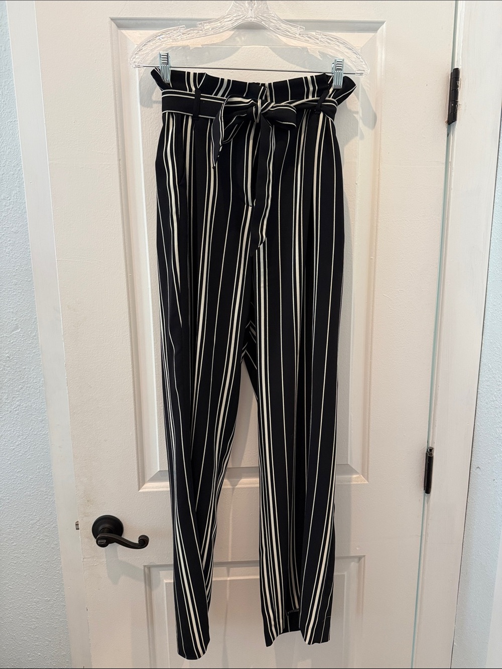 H&M Black and White Vertical Stripe Paperbag Trousers
